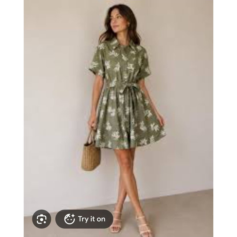 Tahari Olive Green Linen Blend Palm Tree Print Belted Shirt Dress Large NWT